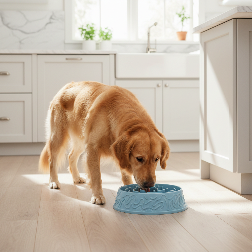 Chien mangeant calmement dans la cuisine avec le Slow Feeder Bowl PawBliss