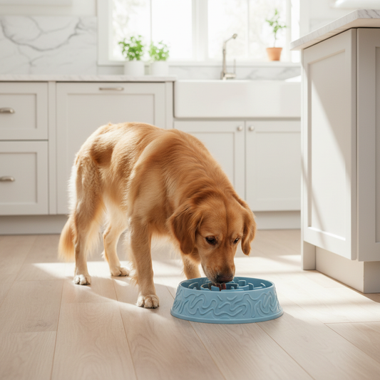 Chien mangeant calmement dans la cuisine avec le Slow Feeder Bowl PawBliss
